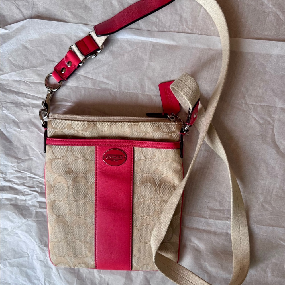 Coach CreamTan and Coral Pink Crossbody Bag with Adjustable Strap